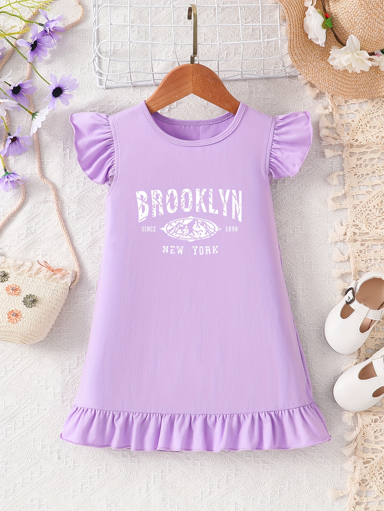 BROOKLYN NEW YORKプリントドレス 女の子用カジュアルショートスリーブ