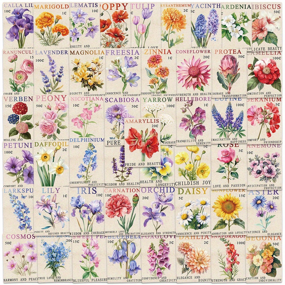 Image of 50 Fun Vintage Multicolor Floral Aesthetic Stickers For Water Bottles, Luggage, Guitars, Computers, Phones, And Scrapbooks
