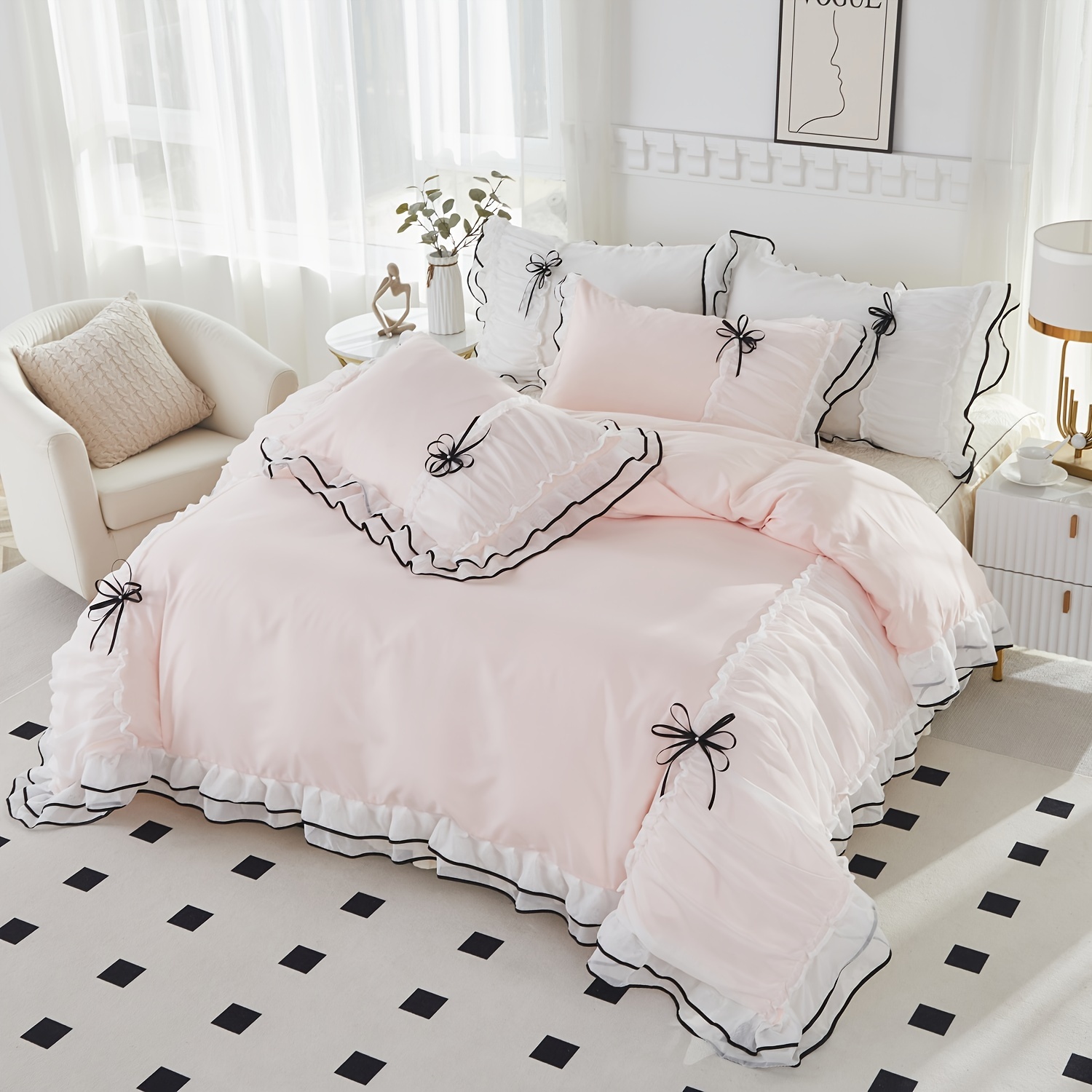 Parure De Lit Satin Rose PARITEX LE ROUET – Couvre-lit 2 Places + 2 Taies, Volants, 140x210 Cm