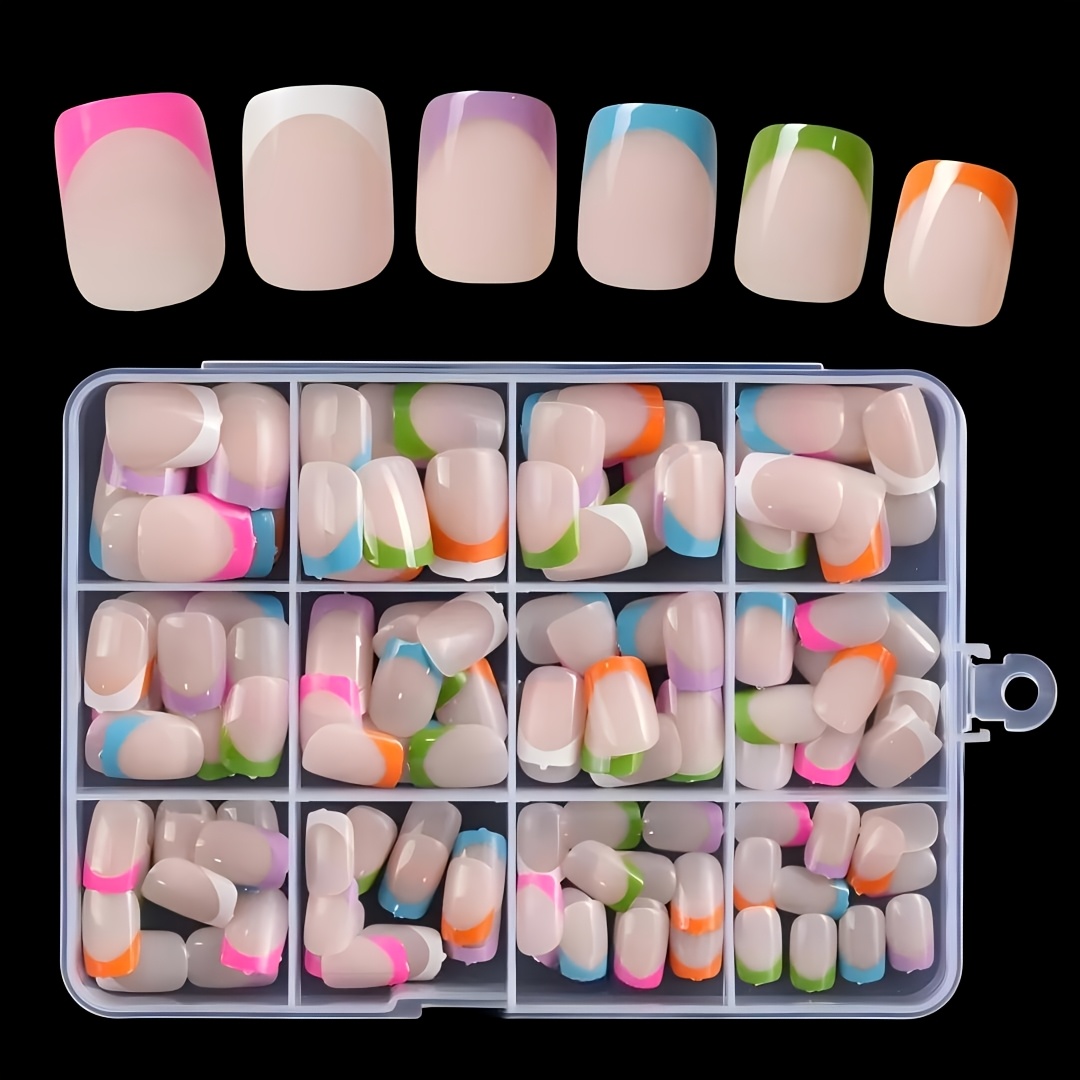 TEMU 144pcs/box -on Nails Suitable For - Short Square Fake Nails With Transparent Box, Reusable & Removable Full Tip Extensions, Multicolor