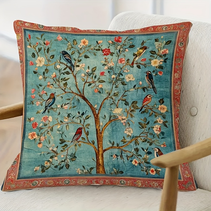 TEMU 1pc Oriental Traditional Style Elements Double-sided Tree Flower And Bird Pattern Pillowcase, Cushion Back Cover, Machine Wash, Zipper,