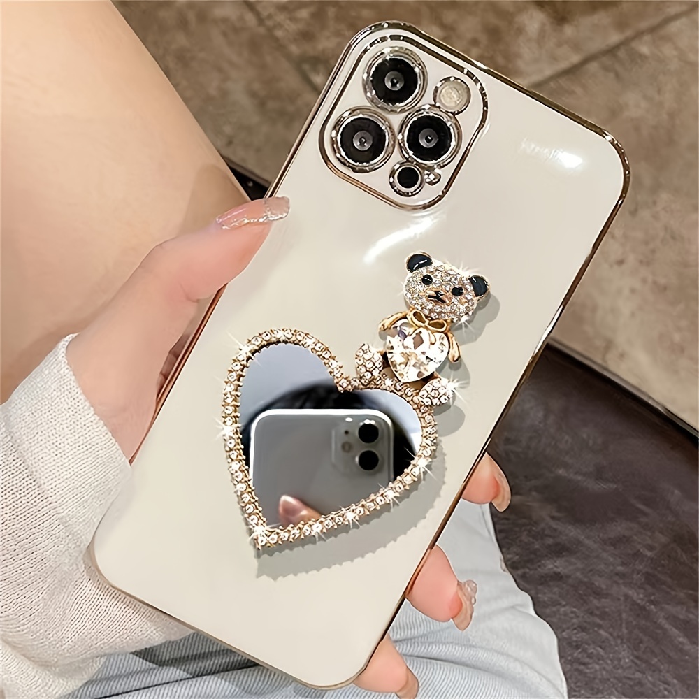 cute glitter bear love makeup mirror electroplated case for iphone 15 14 13 12 11 pro max soft silicone cover details 3