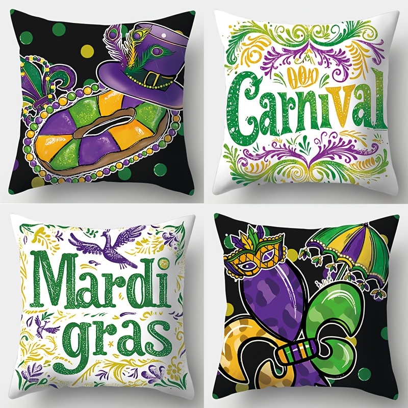 

4-pack Mardi Gras Carnival Polyester Pillow Covers, 17.7" Square, Zippered, Machine Washable, Woven Decorative Cushion Cases With Letter And Hat Graphics For Living Room Sofa Decor