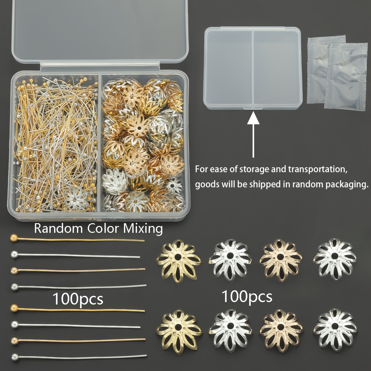 TEMU 200pcs/box, Random Mixed Colors, Including 100pcs (30mm) Ball Head Pins, 100pcs Flower-shaped End Caps, Suitable For Jewelry Additions, Cut And