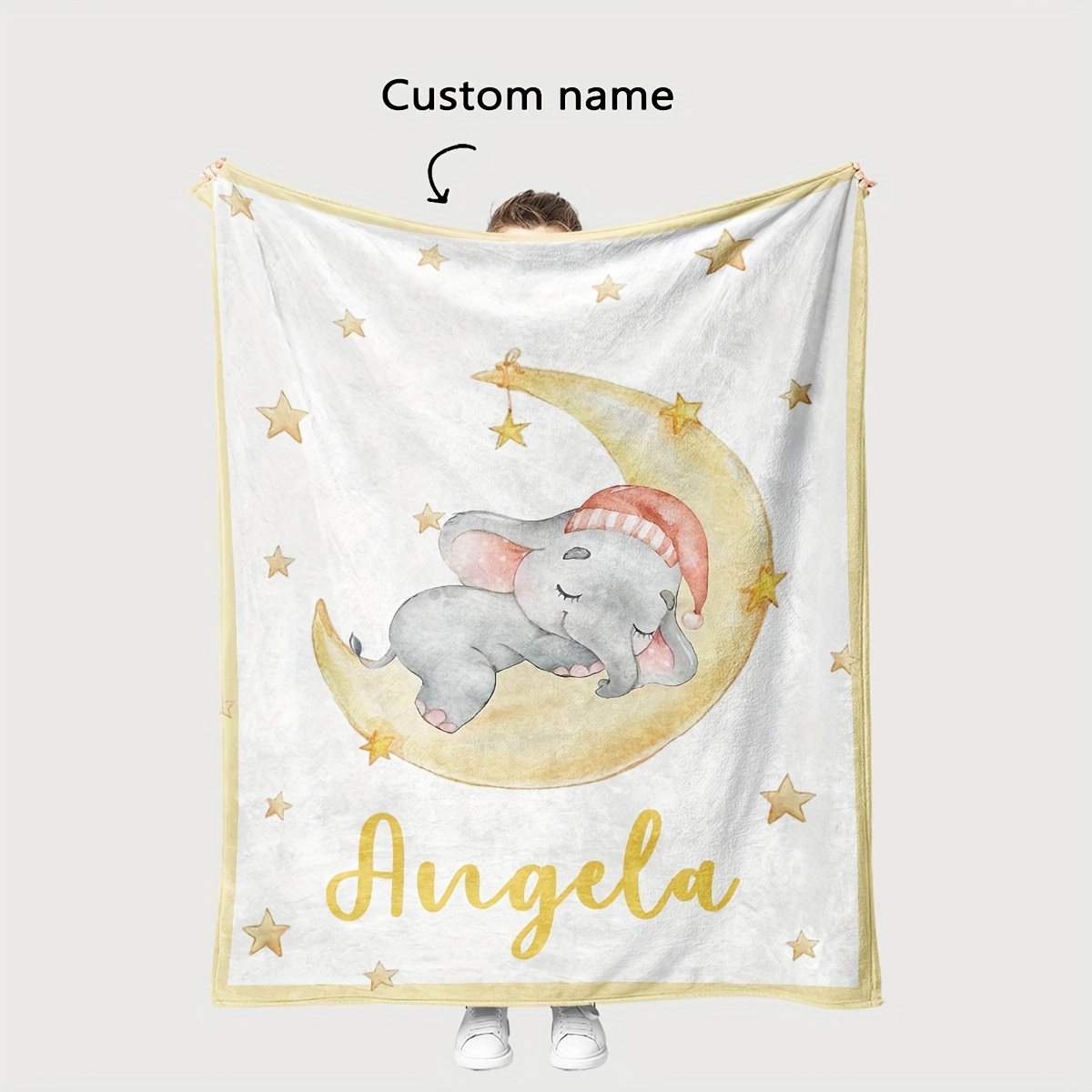 

1pc Digital Print Name Custom Blanket Elephant Sleeping On The Moon Element Flannel Blanket - Soft, Lightweight - Perfect For Travel, Home Decor And Gifts