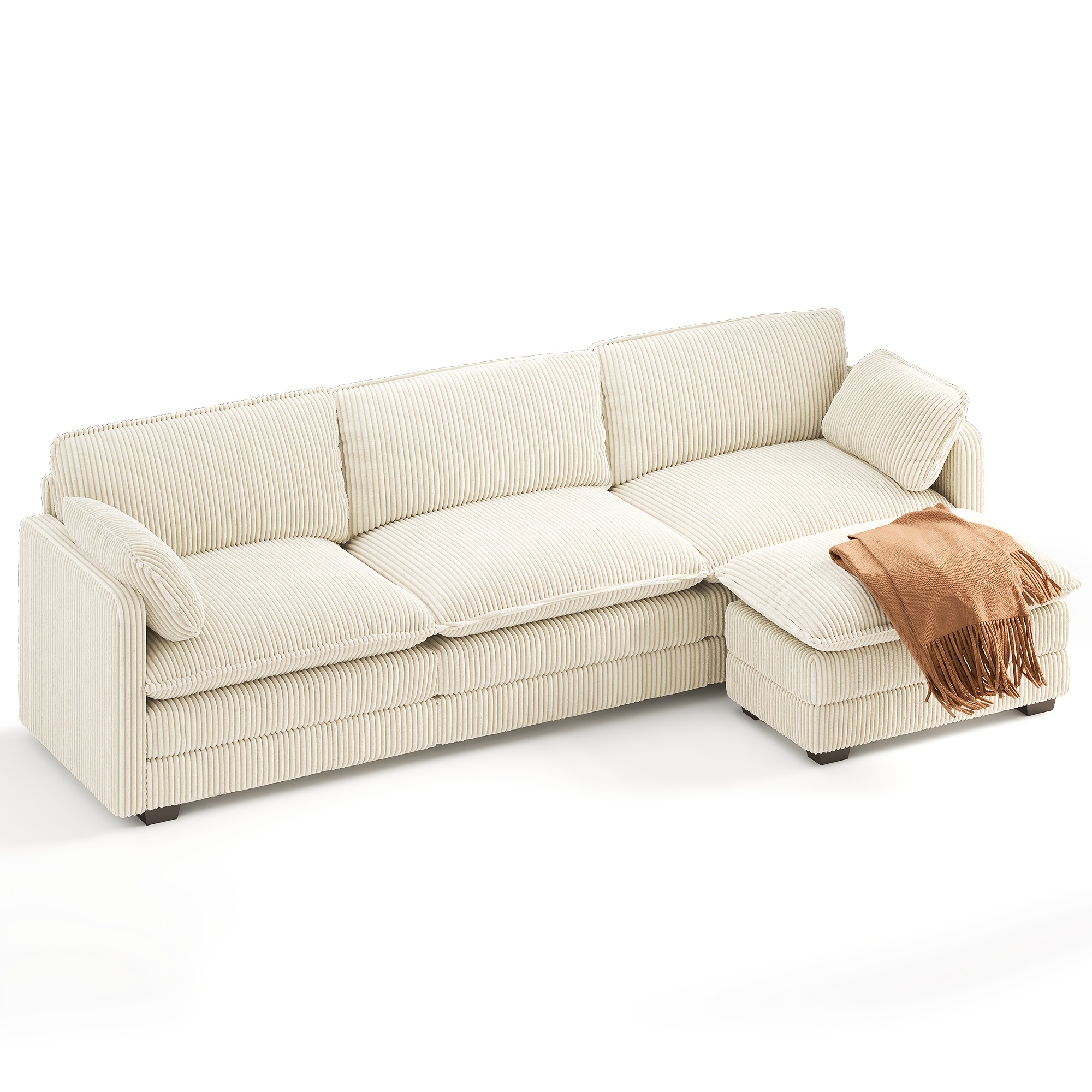Image of L-shaped Corner Sofa With Ottoman, Modular Three-seater Cloud-style Sofa With 2 Cushions, From Rope-woven Fabric With Removable Covers And High-density Foam Padding, Ideal For The Living Room, Beige