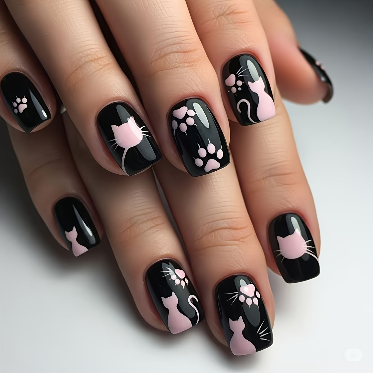 TEMU New 24pcs Date Atmosphere Full, Light Luxury Sweet And Manicure With Black And Pink Contrasting Colors, Cat Claw 3d Cat Claw Silhouette, Durable