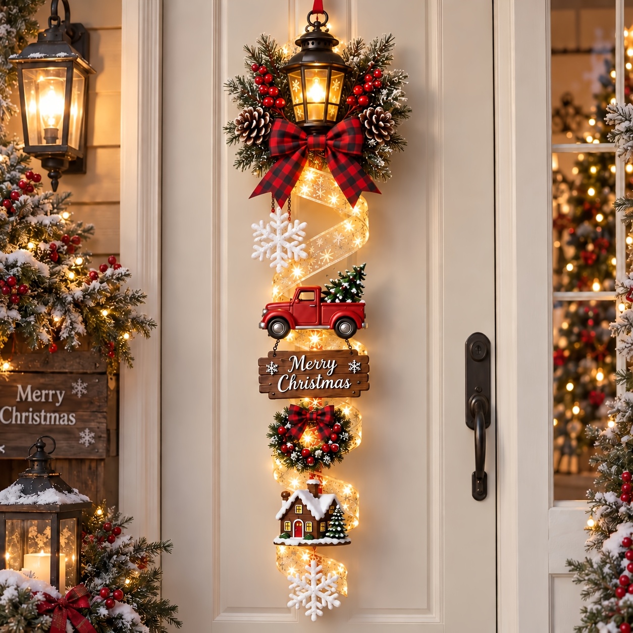 TEMU 2d Flat - 【2d Flat】 2d Flat - [2d Flat] Merry Christmas Front Door Hanger, 2d Flat Wooden Sign, Santa Sleigh Reindeer Wreath Design, Rustic