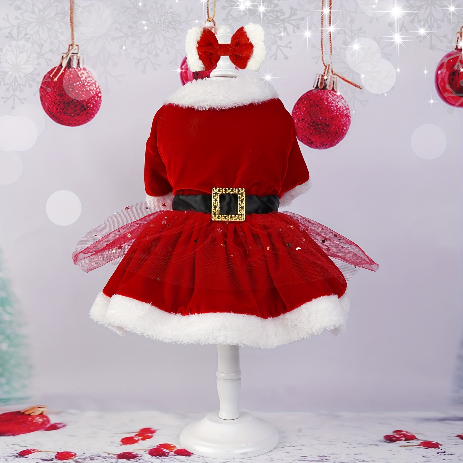 Pet Party Costume Christmas Dog Dress With Sequin Skirt  Red & Green Holiday  Costume For Small Dogs & Cats