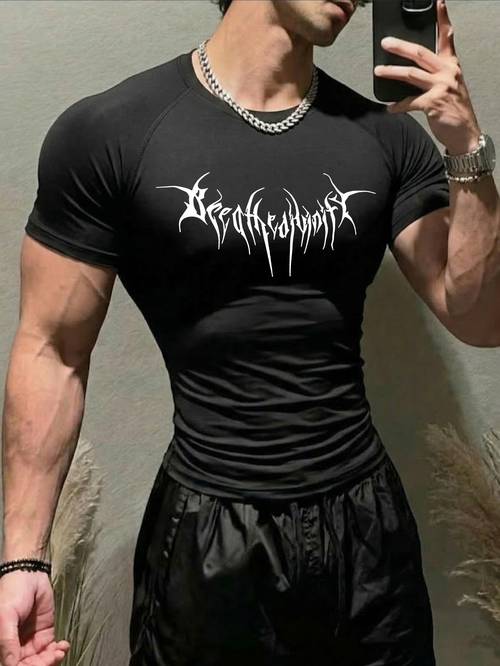 1pc mens muscle fit t shirt black tight compression gothic graphic letter print short sleeve gym workout bodybuilding edgy streetwear summer activewear casual fitness top for male athletic weightlifting training