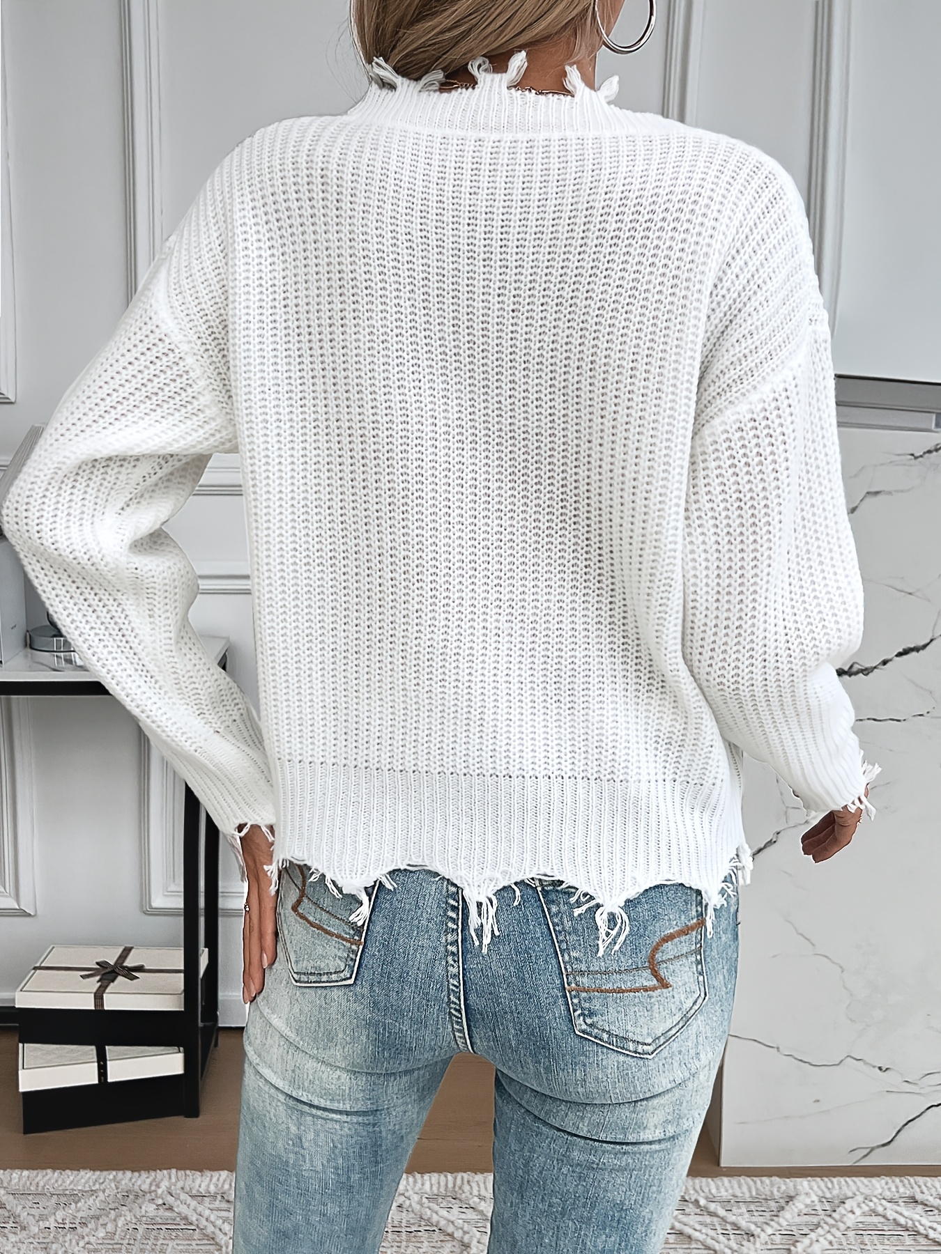 womens asymmetrical shoulder distressed sweater frayed edge Temu