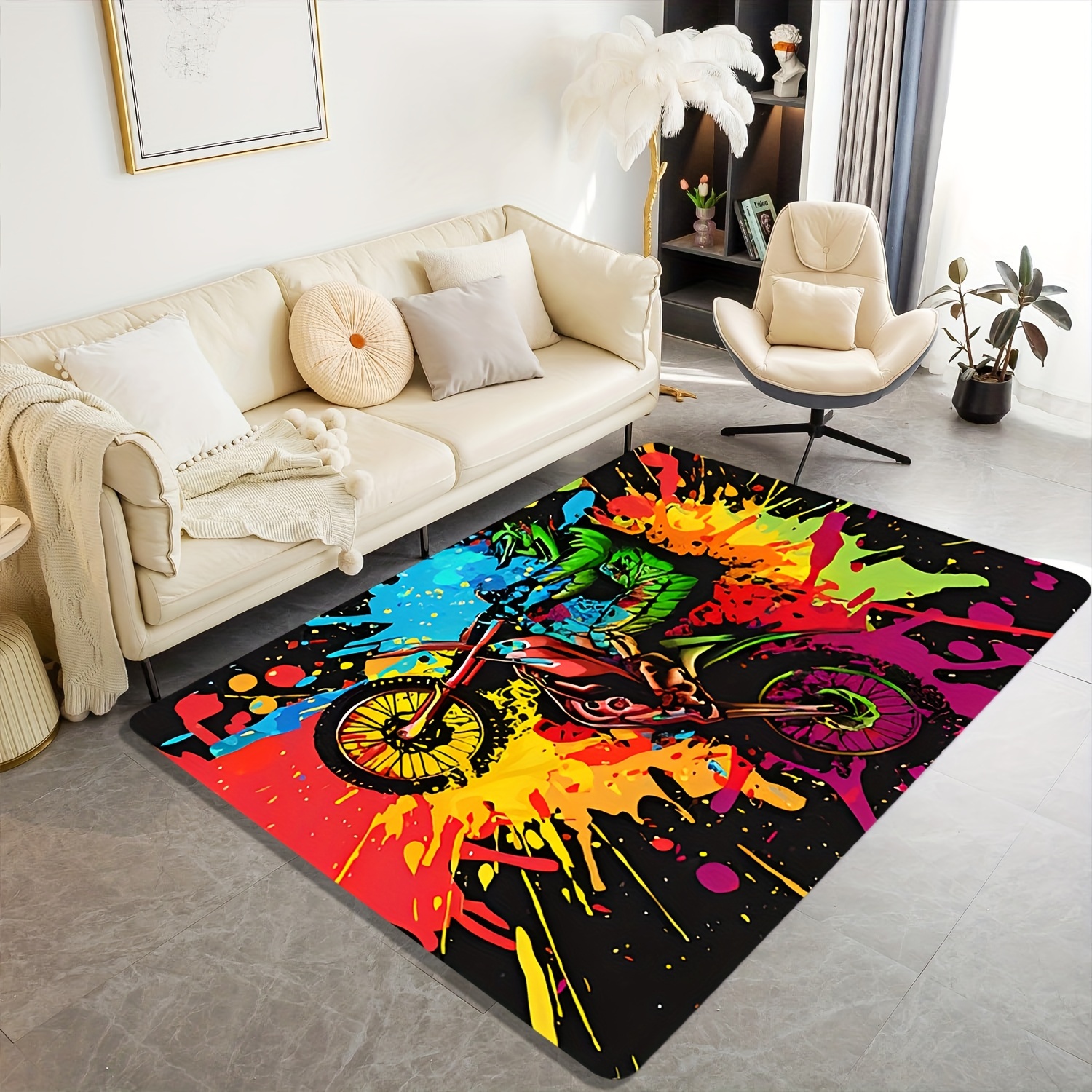 TEMU A Colorful Printed Motorcycle Rider Pattern Rug Made Of High-quality Flannel, 1.1 Cm Thick. This Ultra-comfortable Flannel Carpet Is Machine