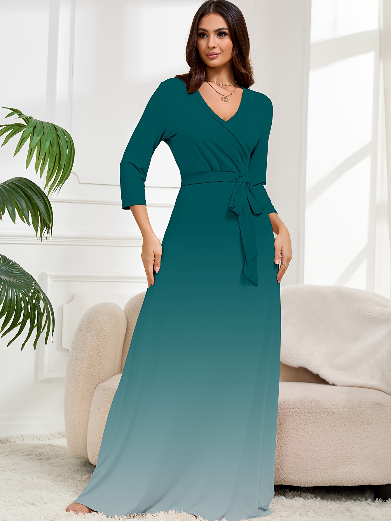womens elegant turquoise teal ombre maxi dress v neck a line - Temu Portugal