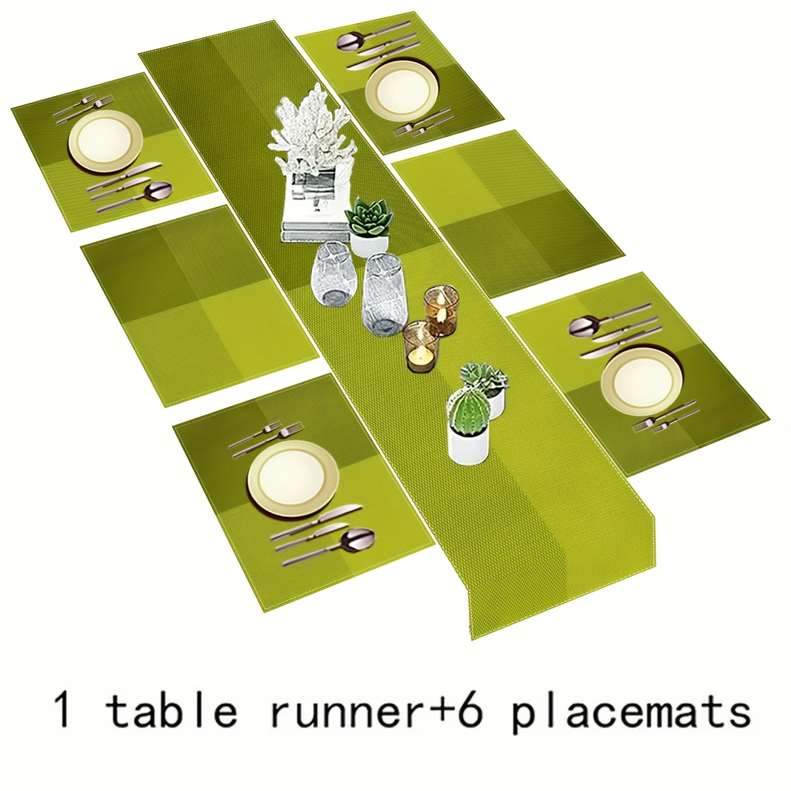TEMU Set da 5/7 pezzi con runner da e tovagliette, design verde e sfumato verde, tovaglia in lino lunga 72 pollici per tavolino da caff癡, lavabile,