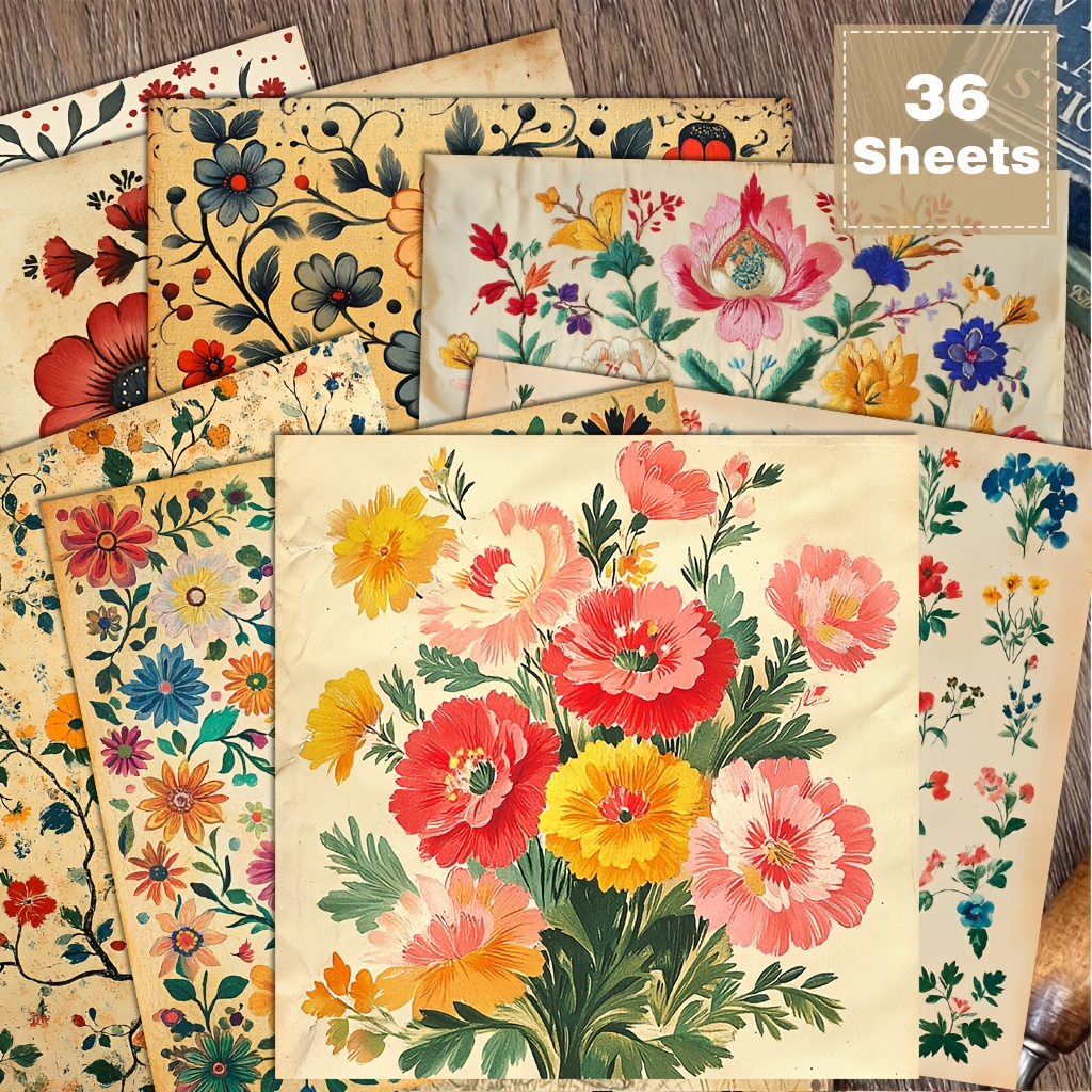 TEMU Une collection de 36 papiers à floraux de style folk européen, dessinés à , de 6X6 pouces, présentant des plantes rustiques et une art de papier