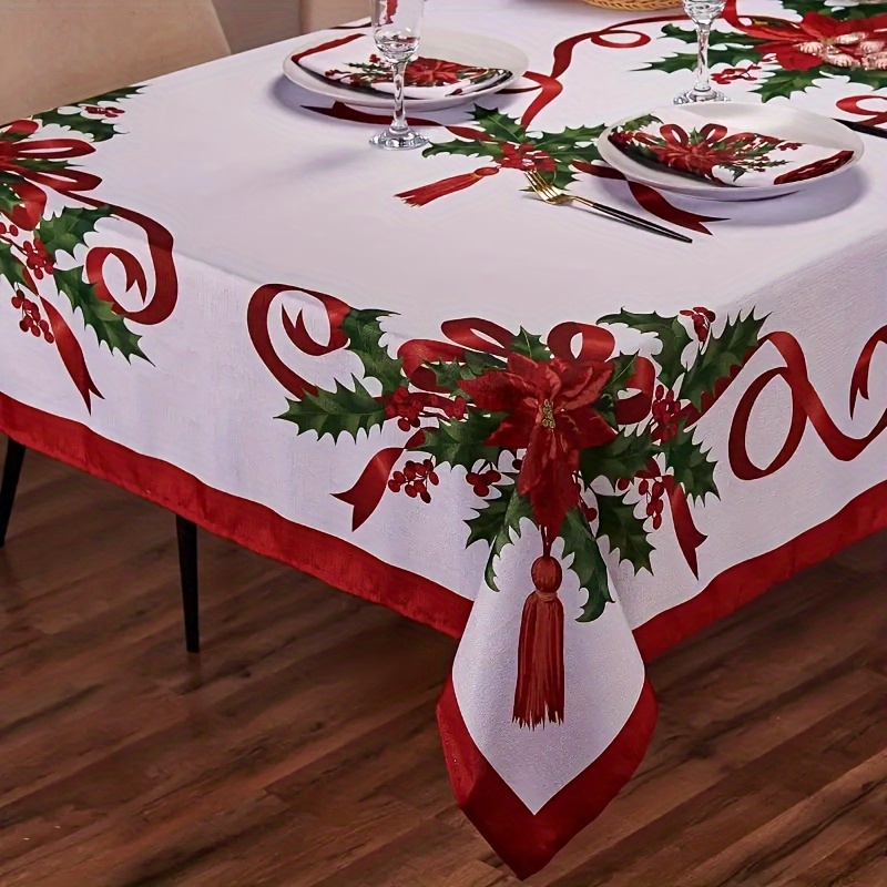 TEMU 1pc Rectangular Christmas Table Runner, Christmas Table Runner With Poinsettia Flowers, Christmas Table Decoration, Used For New Year Party And