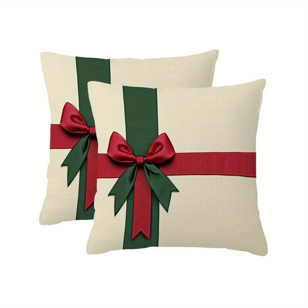 TEMU 2pcs Christmas Square Pillowcase Set, 18x18 Inches, Red And Green Ribbon With Large Burgundy And Forest , Washable Polyester, Suitable For Home,