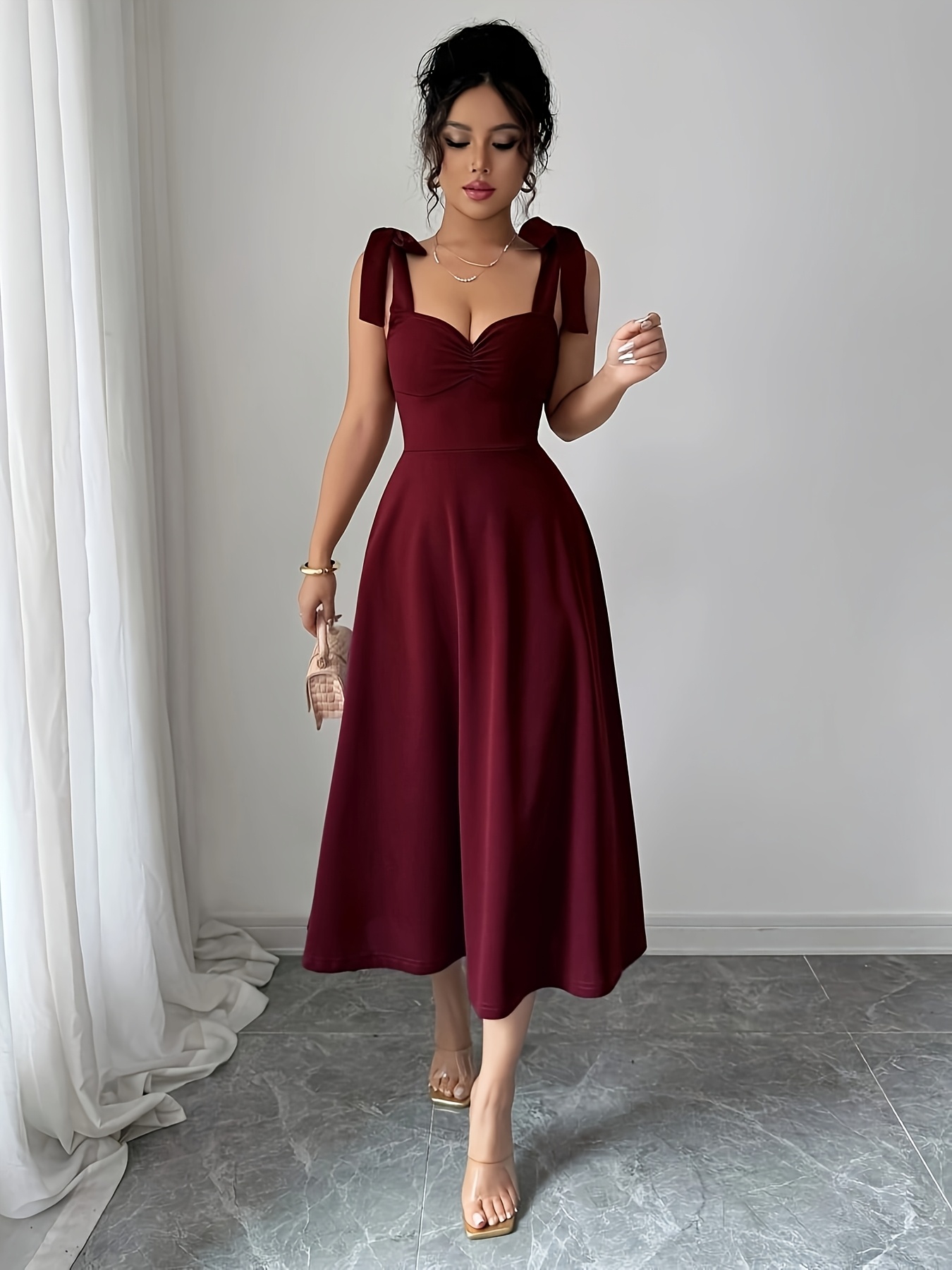 temu burgundy dress party sold on United States Pricing:50 Printed Cards tone:MONO Nila Dress | Soft