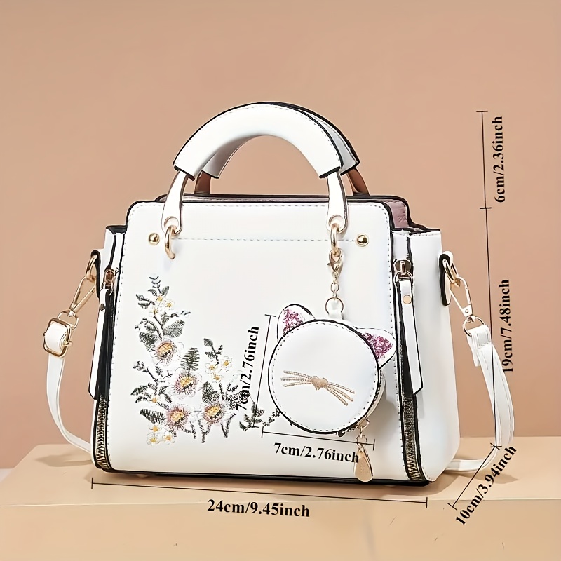 womens glam embroidered handbag floral pattern zipper closure polyester lined wristlet edge paint versatile occasion tote assorted colors details 1