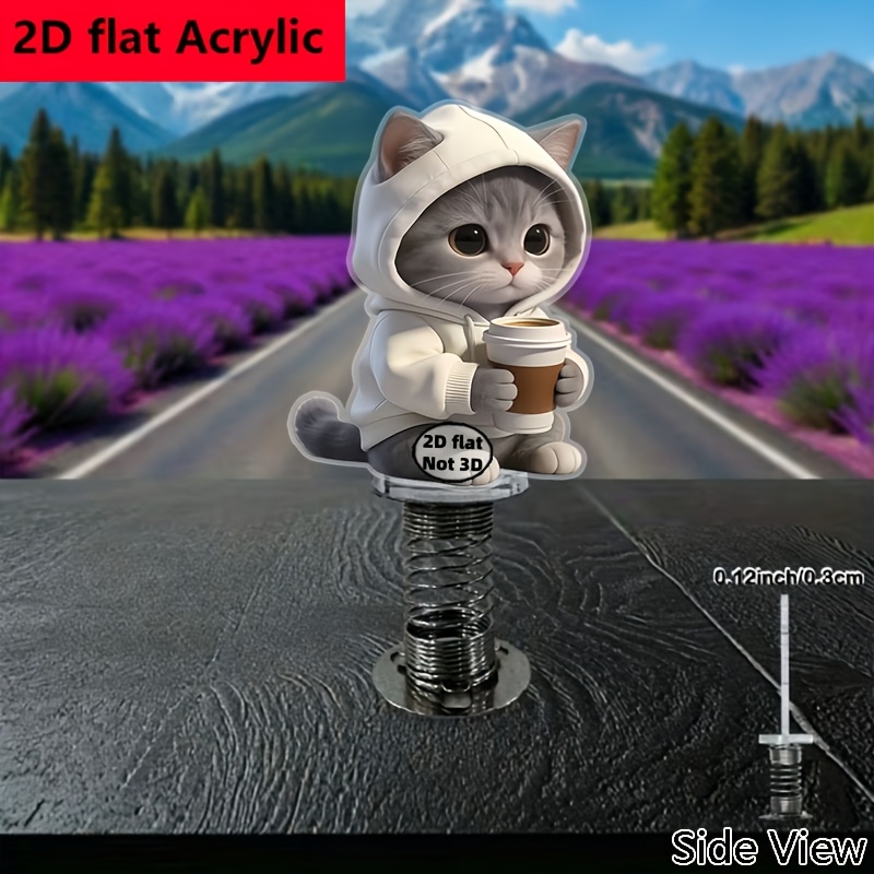 TEMU Adorno 2D de acrílico para coche, adorno para salpicadero de coche con de gato adorable con sudadera con capucha sosteniendo café, adecuado para
