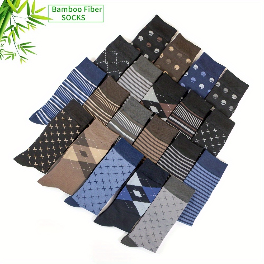 

5 Pairs Of Men's Geometric Pattern Mid-calf Socks, Comfy, Breathable Bamboo Fiber Socks For All Season, Creative Gift