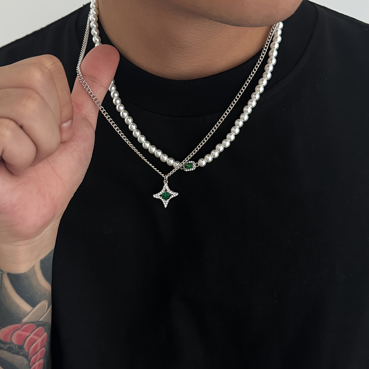 TEMU 2pcs Star Double Layer Necklace Men's Trendy Sweater Chain Light Luxury Niche Design Sense Hip-hop Style Couple Men Women Clavicle Chain