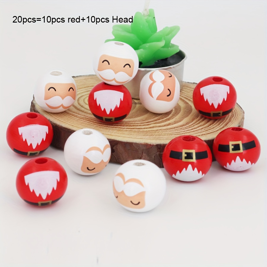 Image of 20pcs 20mm Santa Claus Wooden Beads - Festive Red & Green, Diy Craft Supplies For Jewelry, Keychains, Home Decor & Christmas Tree Ornaments