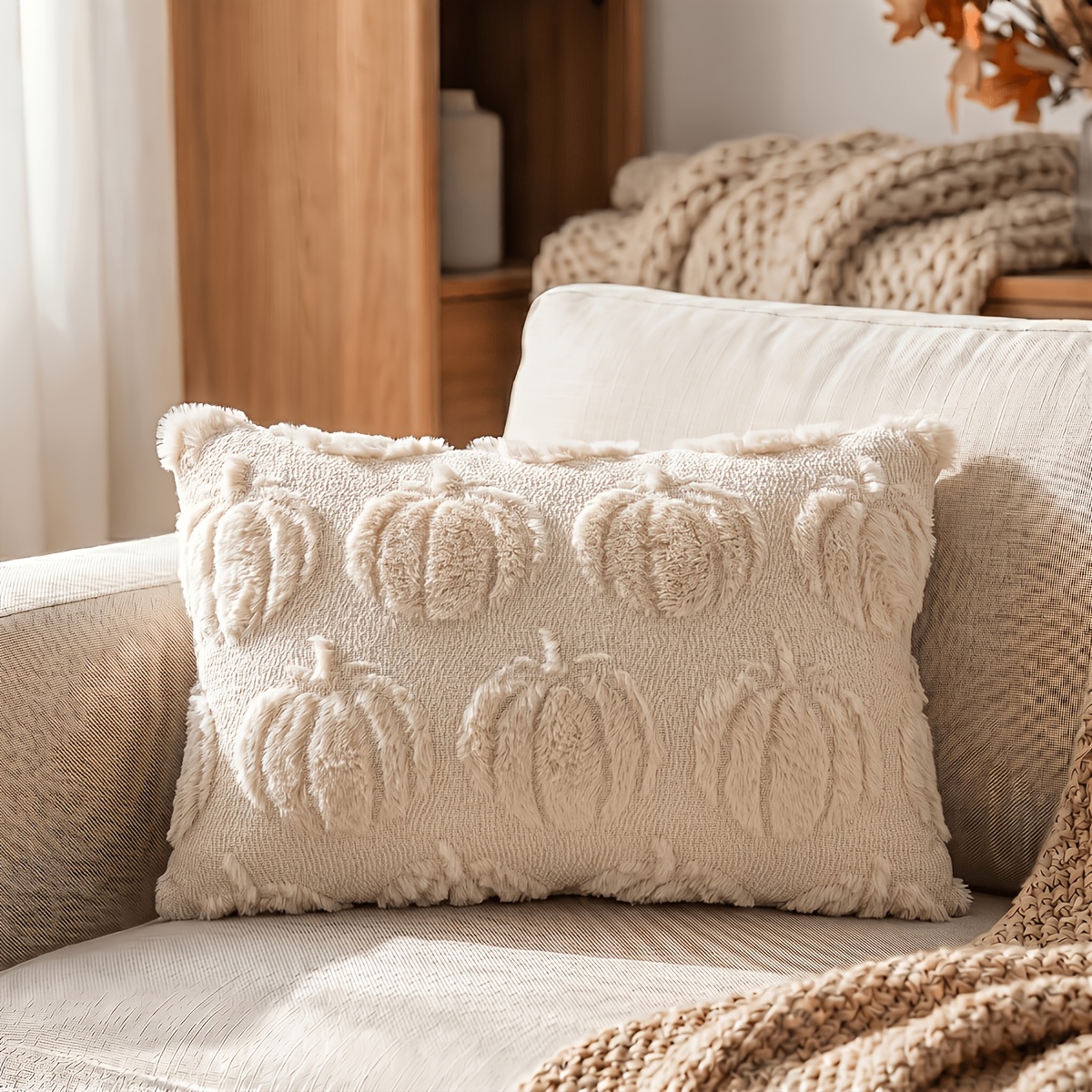TEMU 1pc Jhua Fall 3d Jacquard Pumpkin Throw Pillow Cover - Burnt Orange Textured Plush Cushion Case Suitable For Farmhouse Boho Vintage Decor,