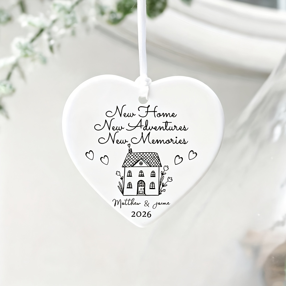 TEMU Personalized 2026 Heart Ceramic Ornament, Solid Heart Shaped Porcelain Pendant With Line & , Custom Couple Names, White Satin Ribbon, New House