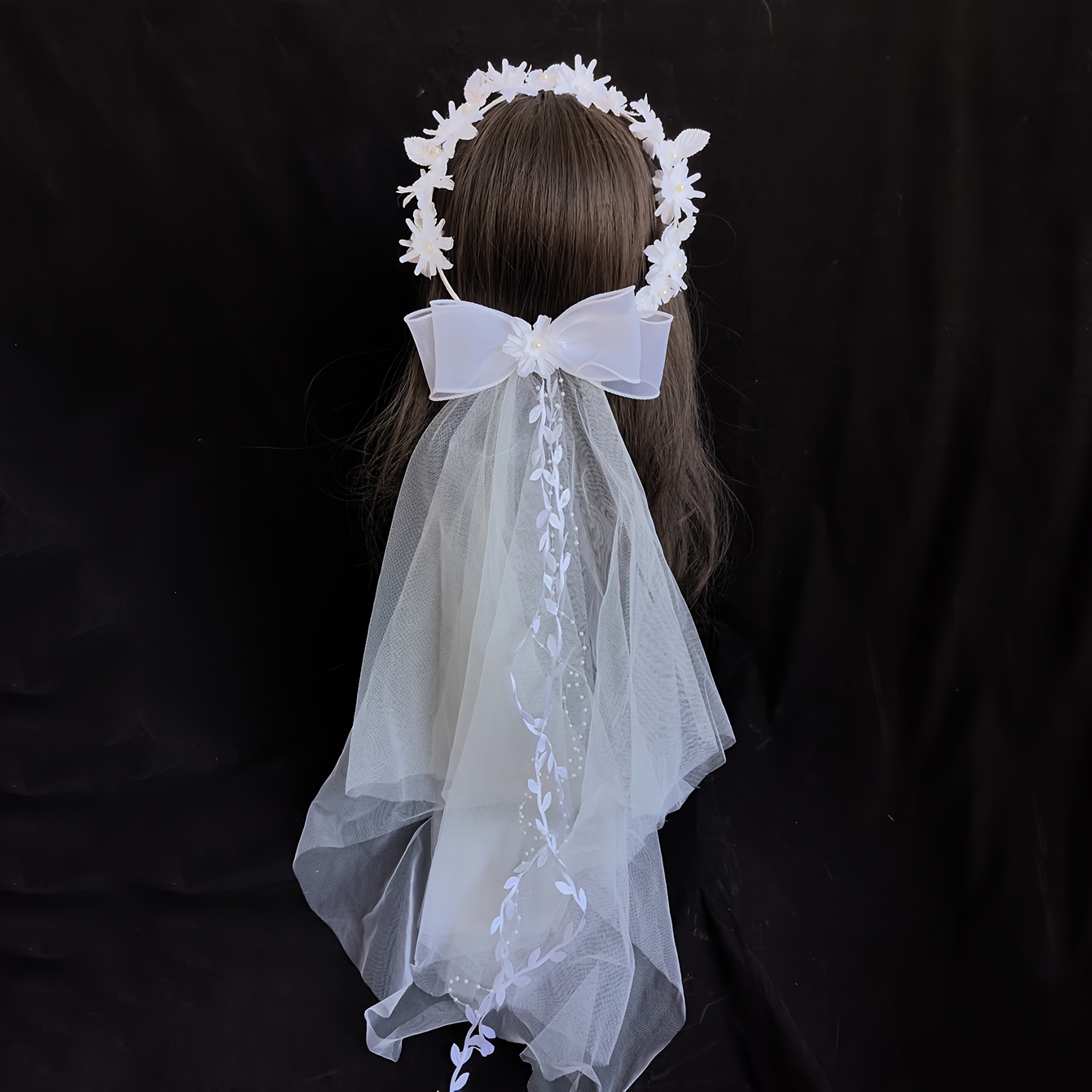 TEMU 1pc White Flower Wreath Veil Headband - Elegant Wedding Tiara With Veil For Bridal, Bridesmaids, Birthday & Costume Parties, Suitable For