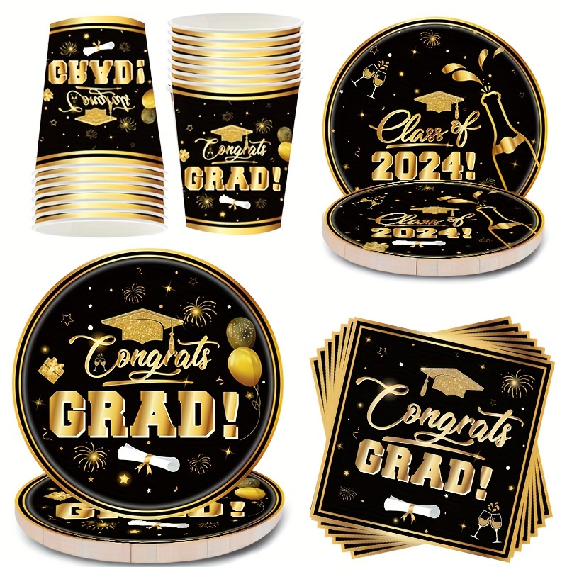 

16/64pcs, Graduation Party Tableware Set, Disposable Dinnerware Set, Table Decor, 2024 Graduation Season Party Atmosphere Props, Holiday Supplies