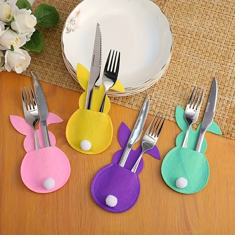 GENEMA 4pcs Easter Bunny Cutlery Storage Bag Pocket Fork Knife Cutlery  Holder Tableware Pouch Cover Dinning Table Decor 