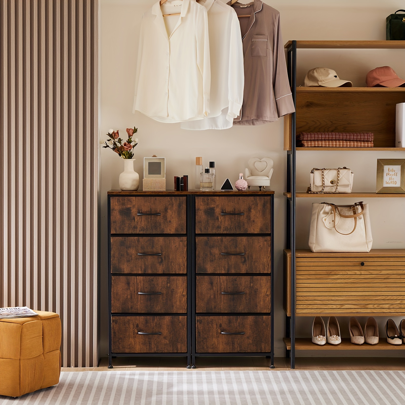 

Dresser For Bedroom, Chest Of 4 Drawers Cloth Dresser, Closet Storage Clothes Organizer Tower With Fabric Bins, Metal Frame, Wood Tabletop For Living Room