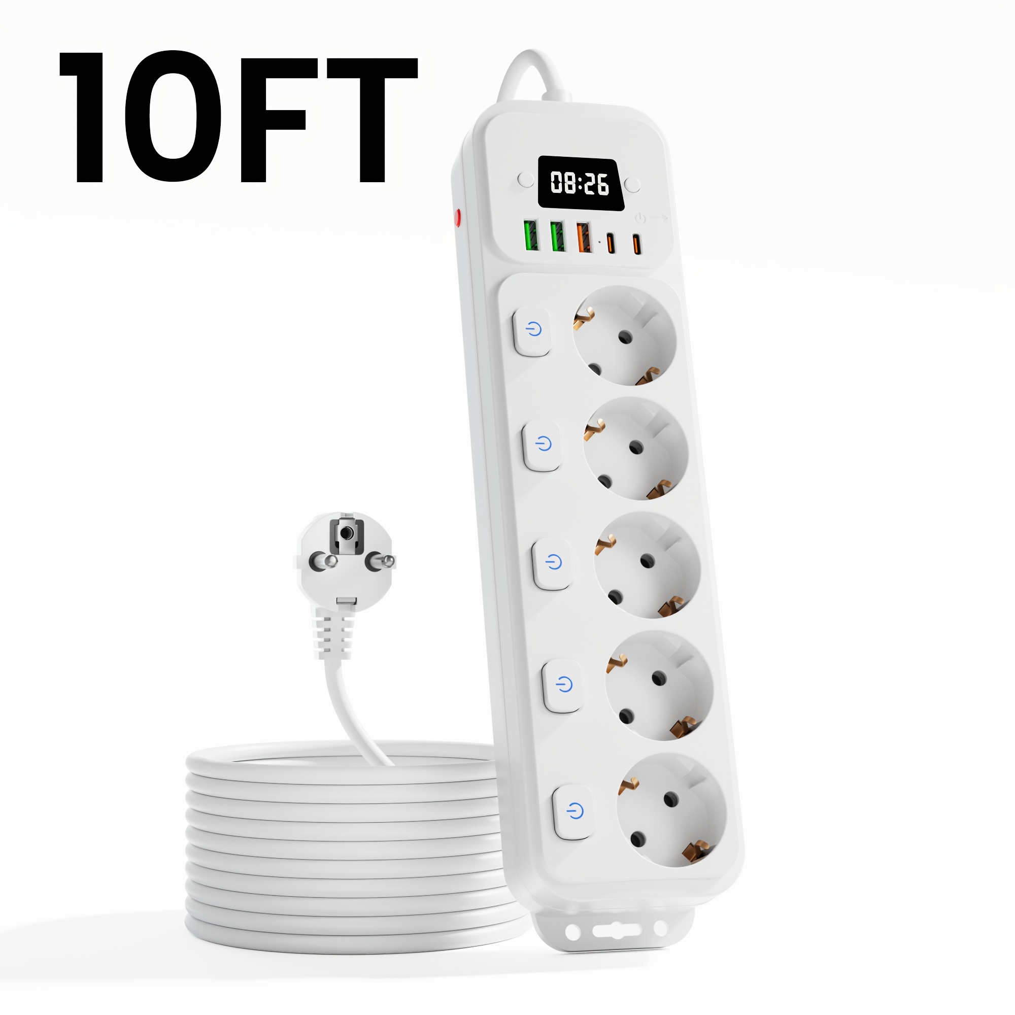 Image of Portable Eu Strip Built- Clock Display, 5 Ac Outlets, 3 Usb And 2 Type-c Multi Charging Ports, Convenient Operation With Optional 5ft/10ft Long Cables