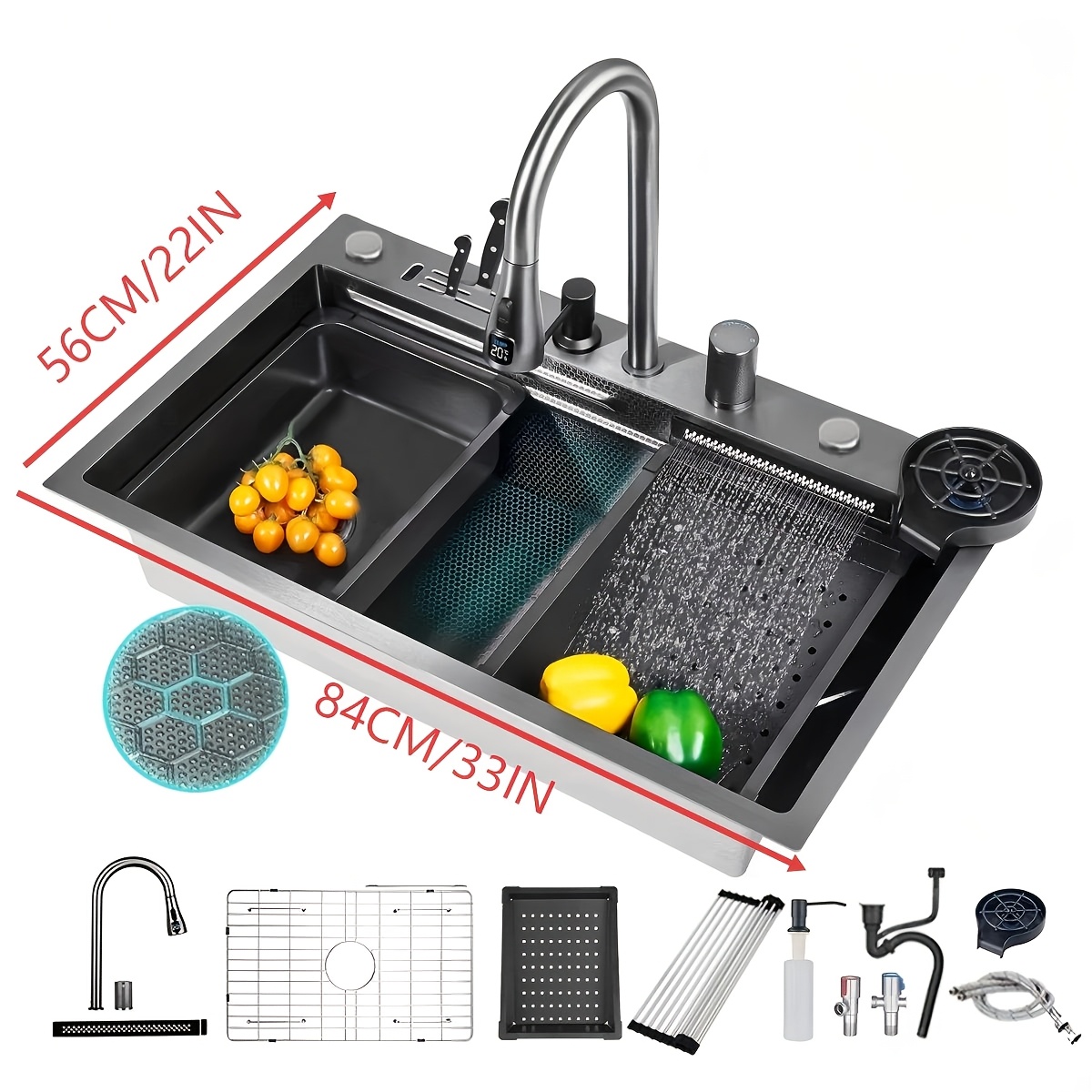 Stainless Steel Waterfall Sink, With Led Temperature Display, 1 Basin, Kitchen Sink, Waterfall Pull-down Sink With Drain Basket, Drain Basin, Cutting Board, Drain Assembly Set (84*56cm)
