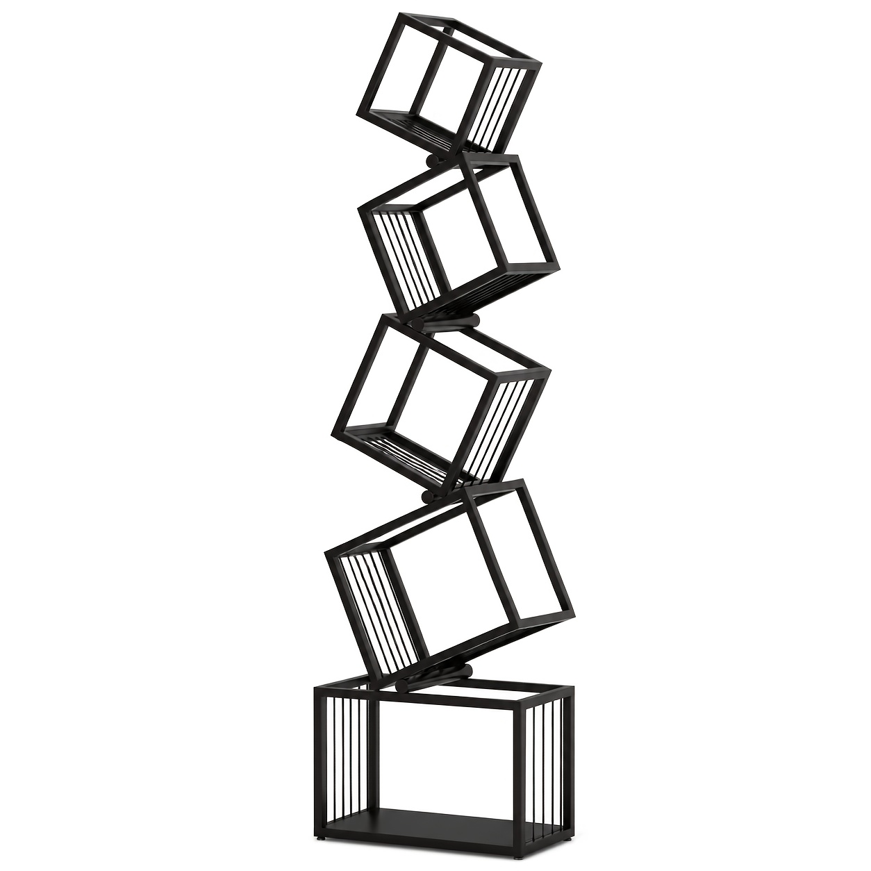 Image of 5-tier Black Metal Bookshelf, Large Capacity Geometric Storage Shelf, Unique Staggered Design Freestanding Display Rack For Living Room, Bedroom, Office And Study