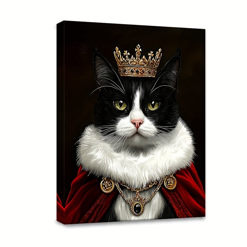 TEMU 1 Piece Of Framed Canvas Artwork Featuring A Tuxedo Cat With A Luxurious Crown And Robe. This Elegant Black And White Feline, Accented With Red,