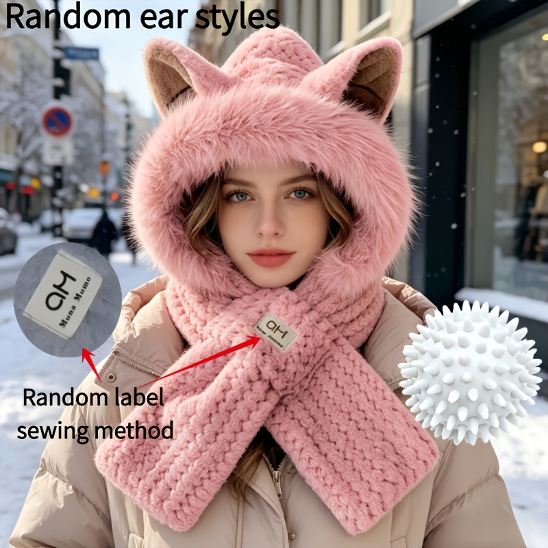TEMU 2pcs Set (1 Plush Hat + 1 Laundry Ball), Cute Hooded Scarf Hat, Thick Solid Color Winter Hat, Plush Neck Gaiter, Warm Small Bean Pod Elastic