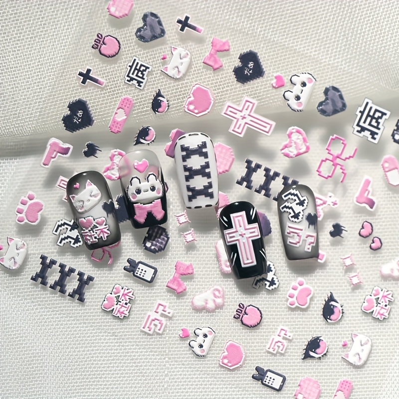 Image of A Nail Sticker Designed In A Pixel Style Using Relief Laser Technology, Featuring A Pink Theme Japanese Aesthetics, With Adorable Cartoon Designs Like Hearts, Bows, And