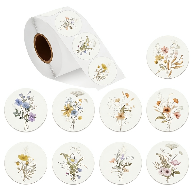 E-shop Ästhetische Boho-Wildblumen-Aufkleberrolle, 500 Stk. selbstklebende Vintage-Aquarell-Blumenaufkleber, dekorative runde Blumenetiketten für