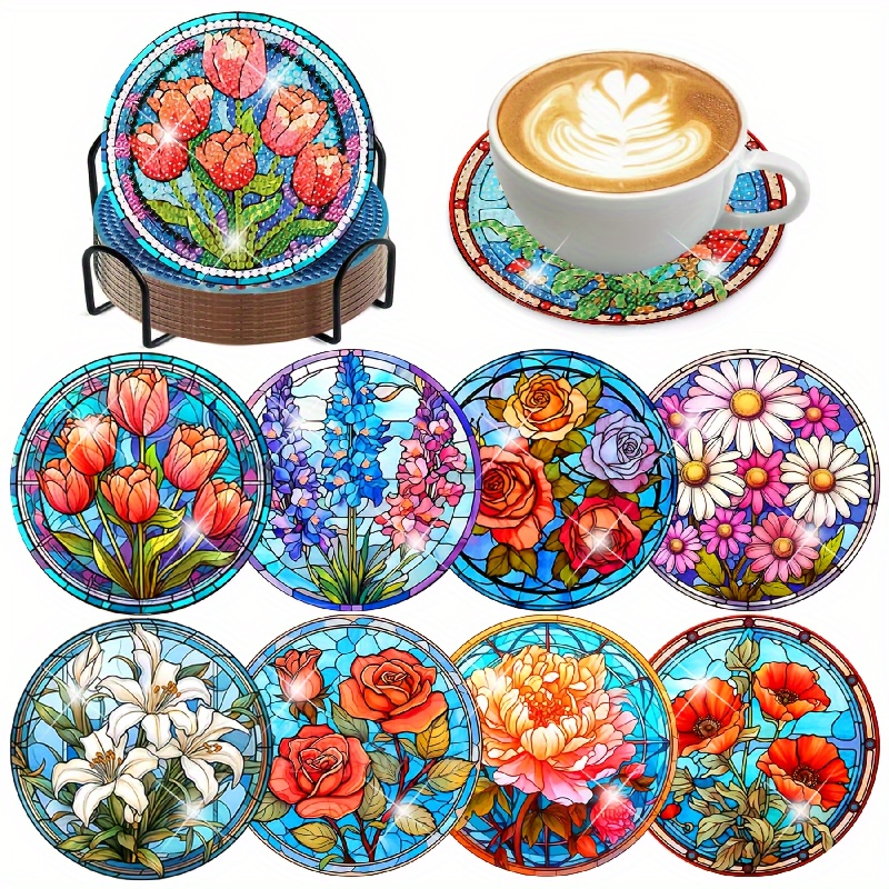 

Floral Diamond Painting Coaster Set: Suitable For Adults And Beginners, Perfect For Home Decor And Diy Art Gifts - Beautiful Flowers Theme, Round And Irregular Diamond Shapes, Reinforced Wood Base