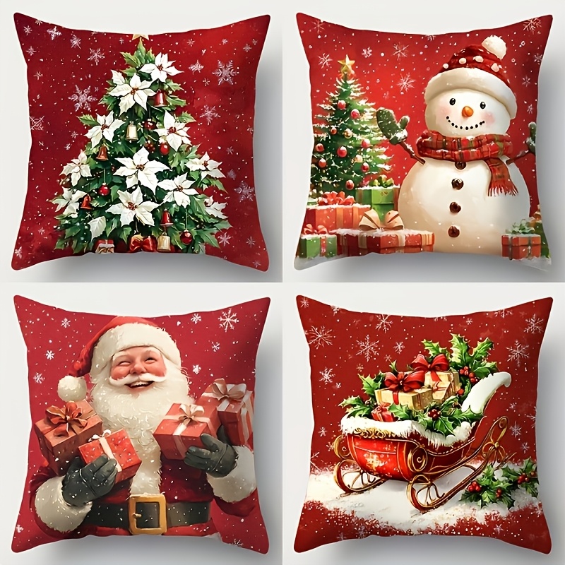 TEMU 4pcs Christmas Throw Pillow Cases, Xmas Tree Snowman Santa Gift Car Pattern, 16 18 20 Inch Double Sided Printed Cushion Cover For Sofa, Holiday