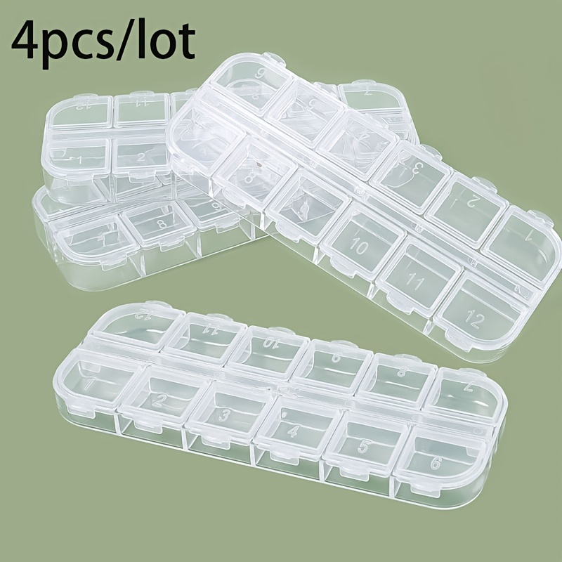 TEMU 4pcs Set, 12-grid Long Strip Jewelry Storage Box, Transparent Plastic Box, Small Additions Dustproof Box, Nail Art Storage Box, Transparent