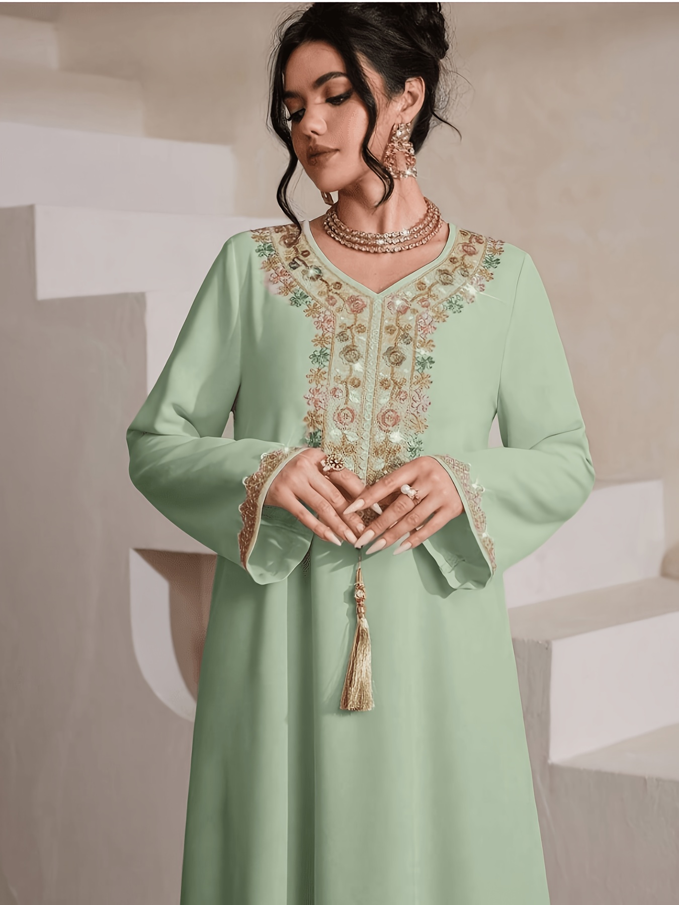 eid green dress Women'* Abaya with Luxury Embroidered -Neck & Cuffs Bachelorette_Dress