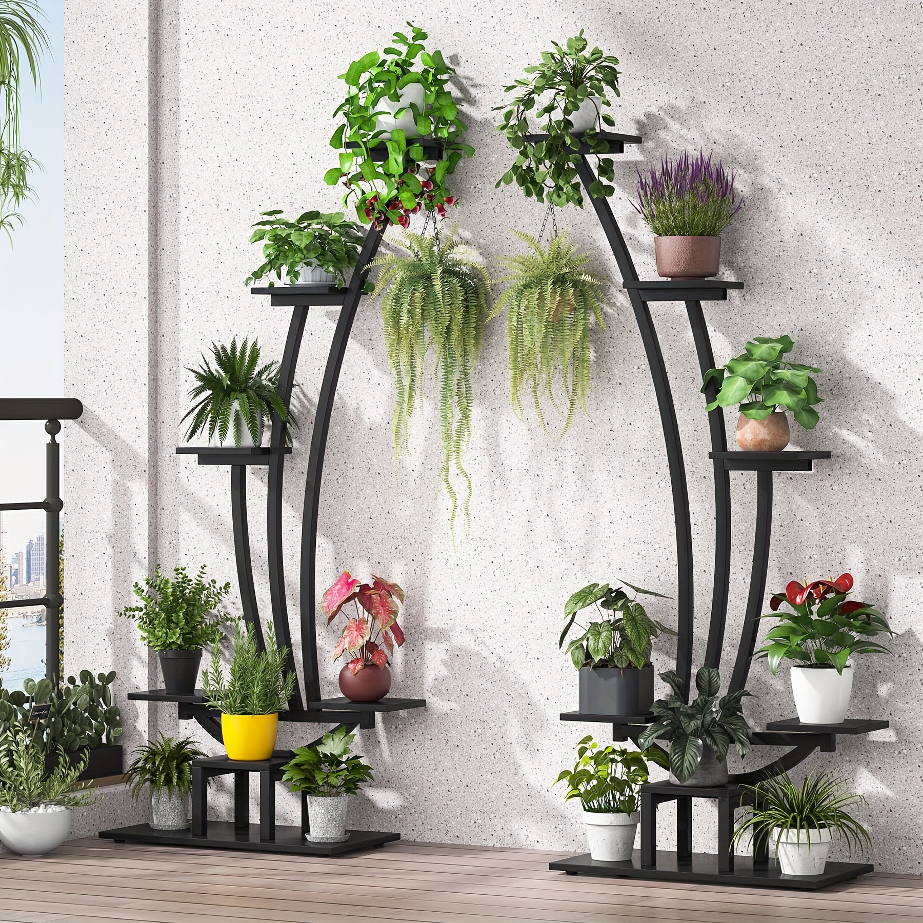 

Little Tree 6-tier Tall Indoor Plant Stand Pack Of 2, Metal Curved Display Shelf With 2 Hanging Hooks, Multi-purpose Bonsai Flower Pots Plant Rack For Indoor, Garden, Balcony, Living Room