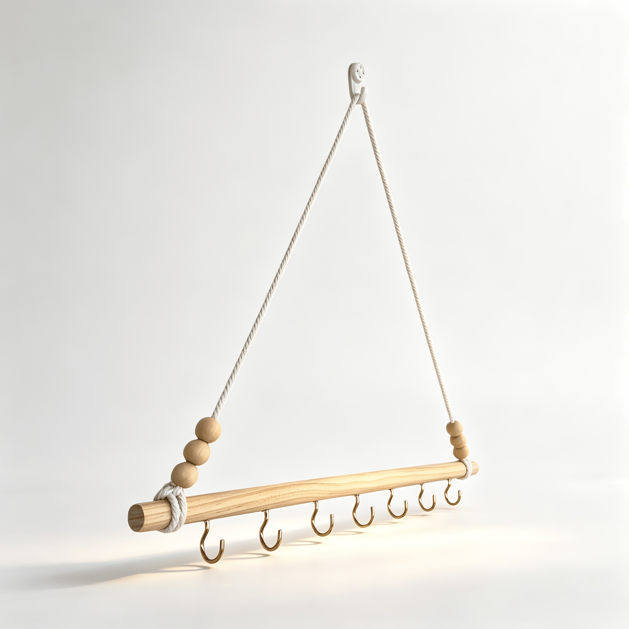 TEMU Handmade Macrame Beaded Wall , Boho Triangle Storage Rack With Wood Stick & 7 Shiny Brass Hooks, Included Nail, Decor For Entryway, Vanity,