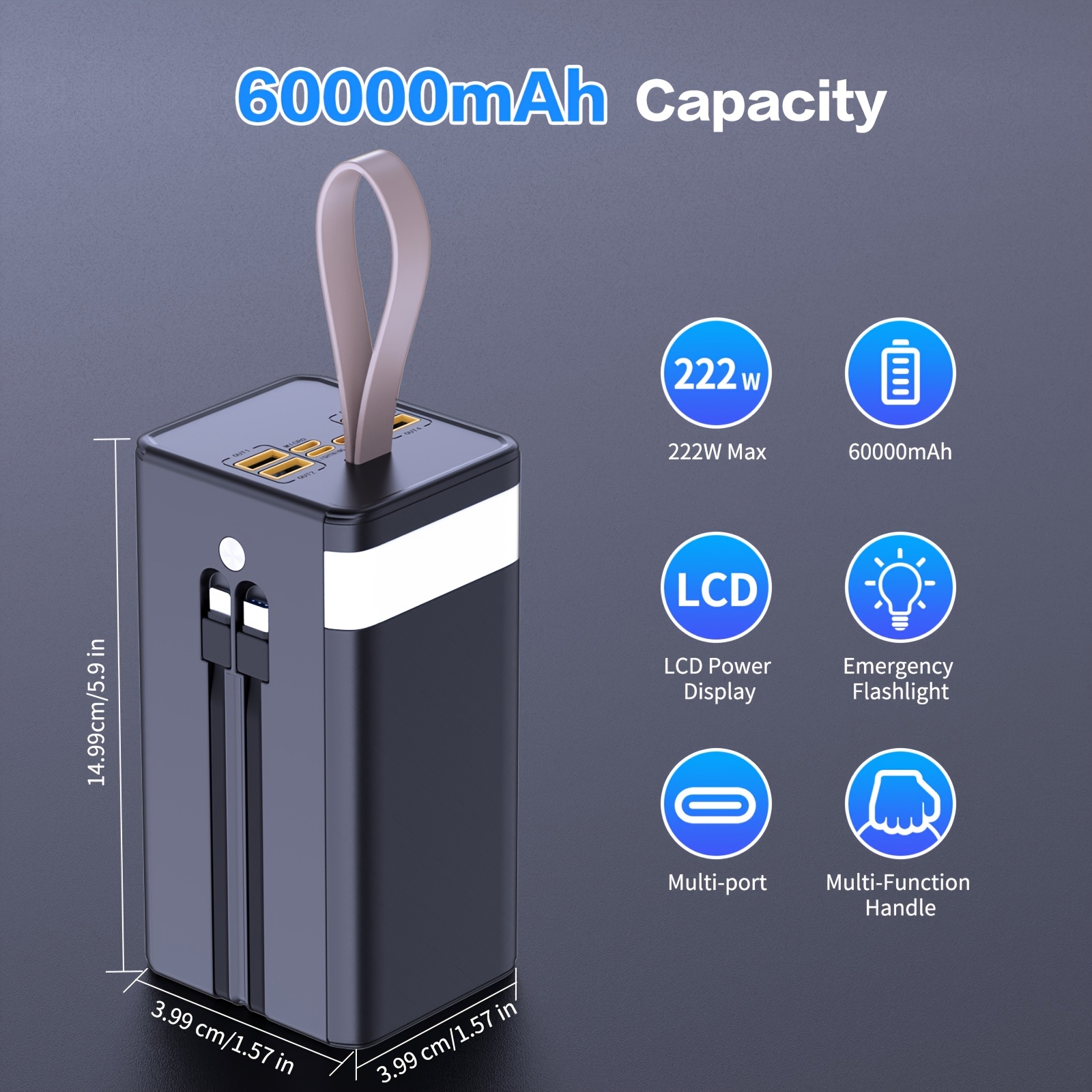 

60000mah High-capacity Charging Bank, Reusable Mobile Power Supply, Mobile Phone Charging Bank, With Charging Cable Can Charge Multiple Devices At Time, With Led Lights And Night Lights, Holiday Gifts