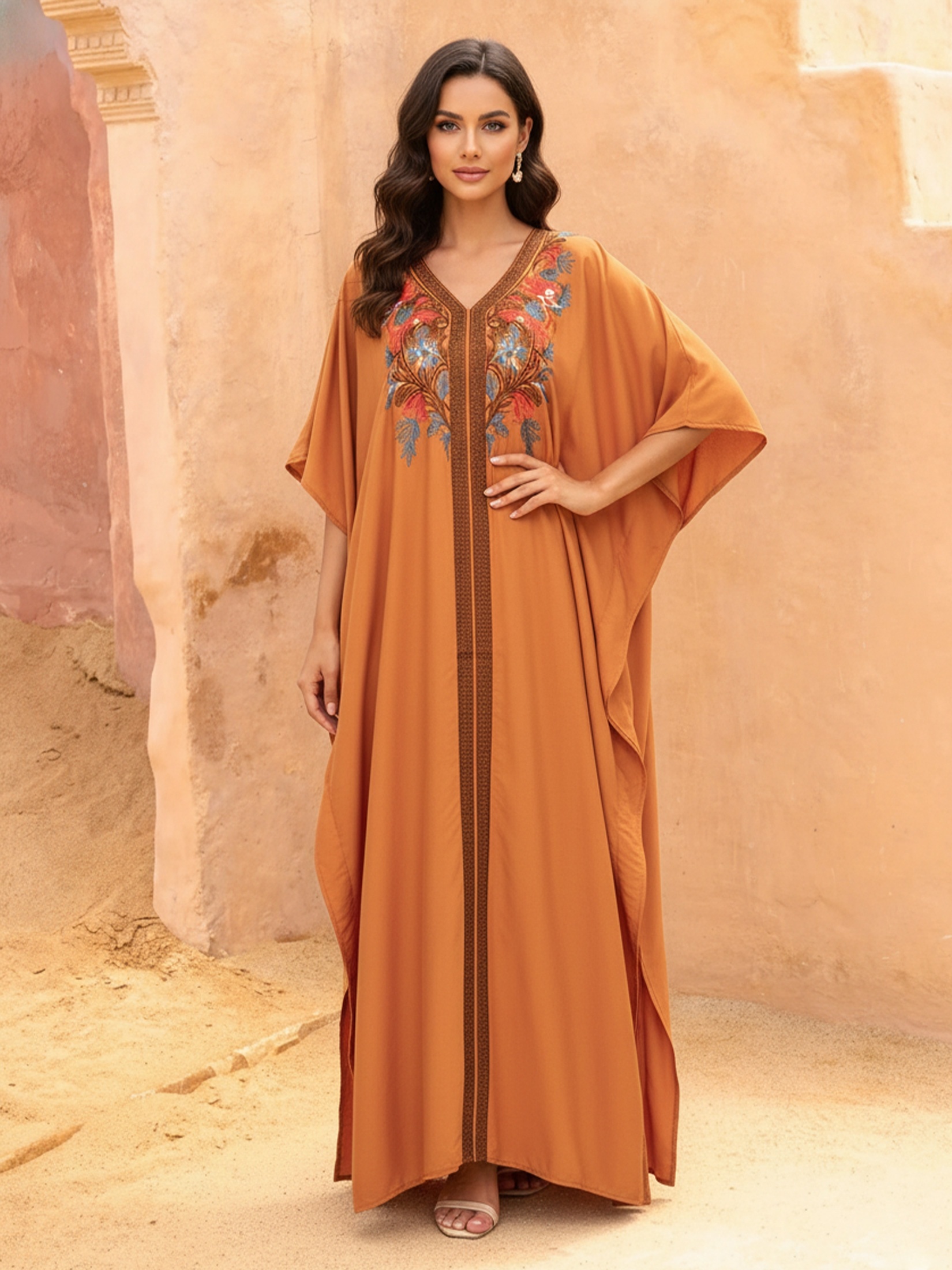 elegant floral embroidered batwing sleeves kaftan women v - Temu Qatar