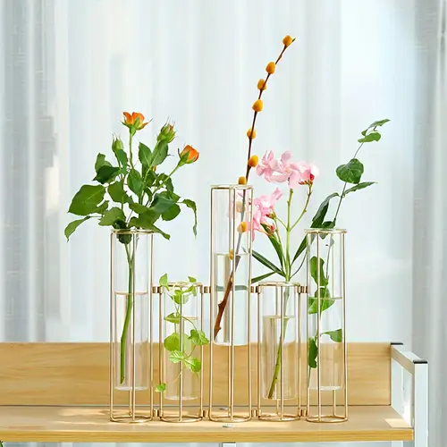 test tube vase with 5 test tubes gold flower vase for centerpiece gold flower vase with metal bracket glass hinge propagation plant vase for wedding home decoration