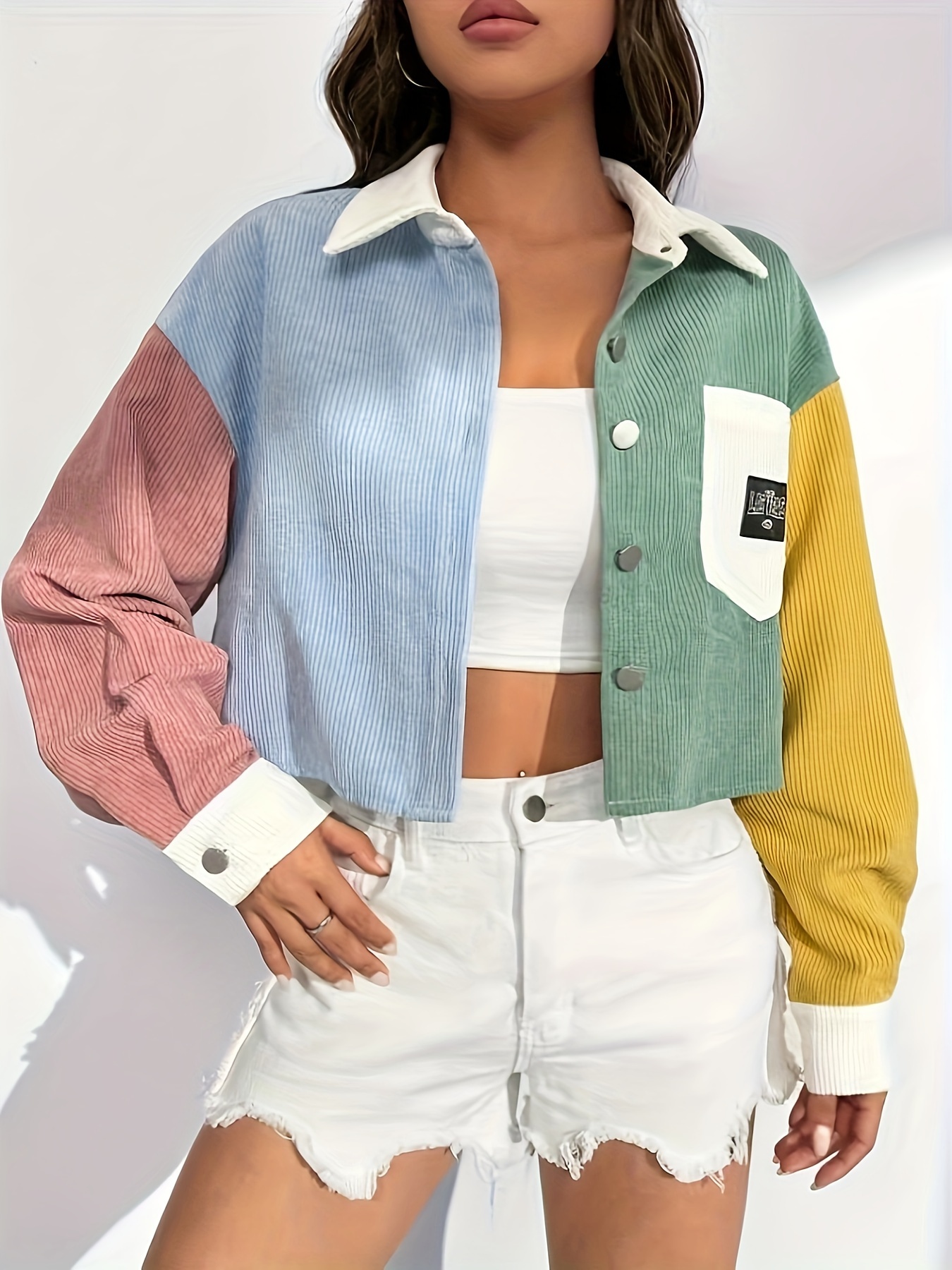 Women's Elegant Color-Block Drop Shoulder Jacket - Lightweight Short-Length Lapel Collar with Chest Pockets & Decorative Patch, Spring/Fall Casual Outerwear Light Blue/White/Pink, Yellow/Green/White, Button Front Closure, Singlesided Buttonup